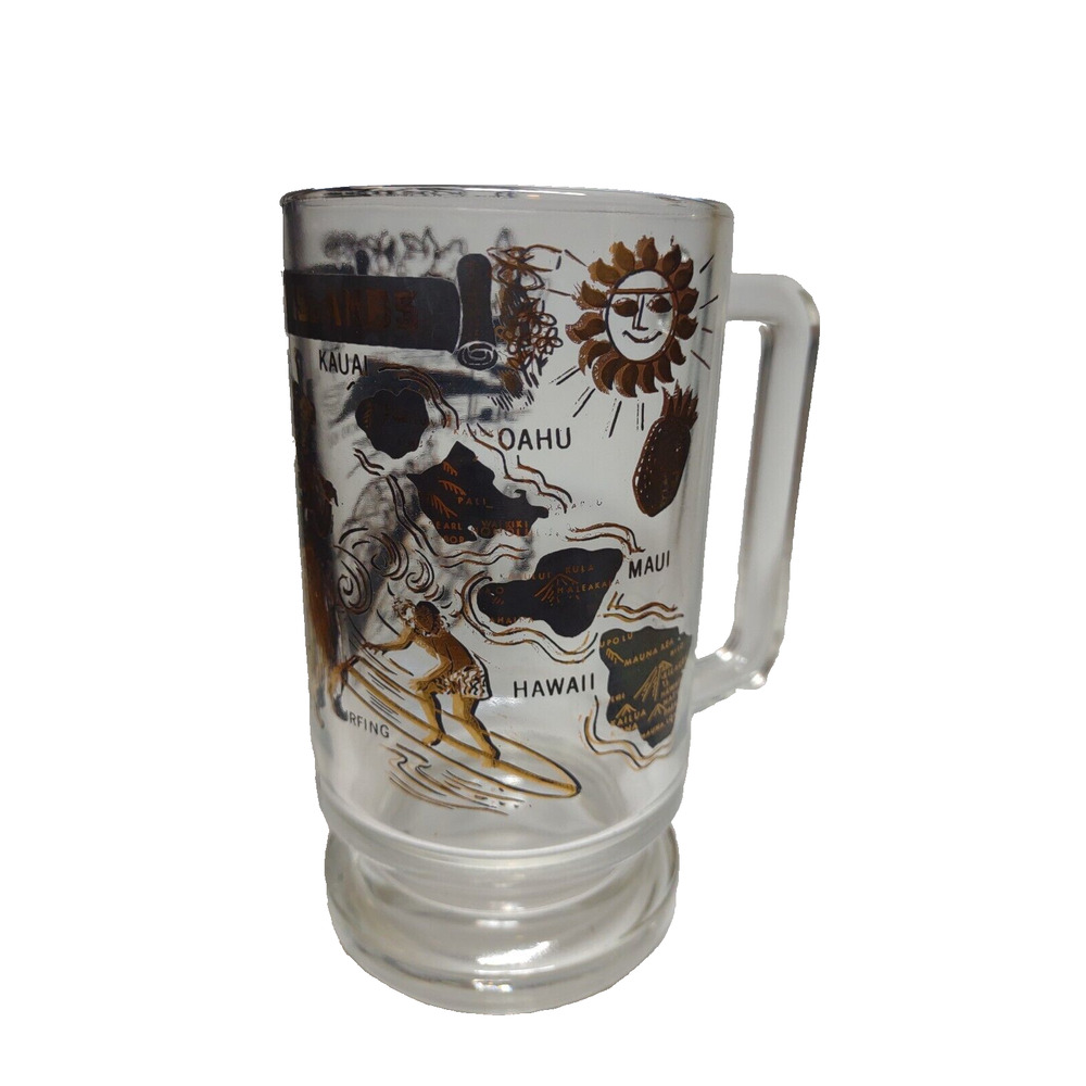 Hawaiian Islands Hula Girl Outrigger Tiki Surfing Retro Beer Glass Mug Vintage